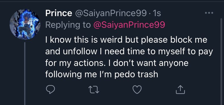 __SLNDR_'s tweet photo. We all know the recent drama that was going on with SaiyanGod99/SaiyanPrince99, where he was baited into sending pornography to a minor?

Good. Well, even though I’m late, it turns out he’s gone as far as to finally admit to the allegations and is beating himself up over it. https://t.co/5cjZPXrltS