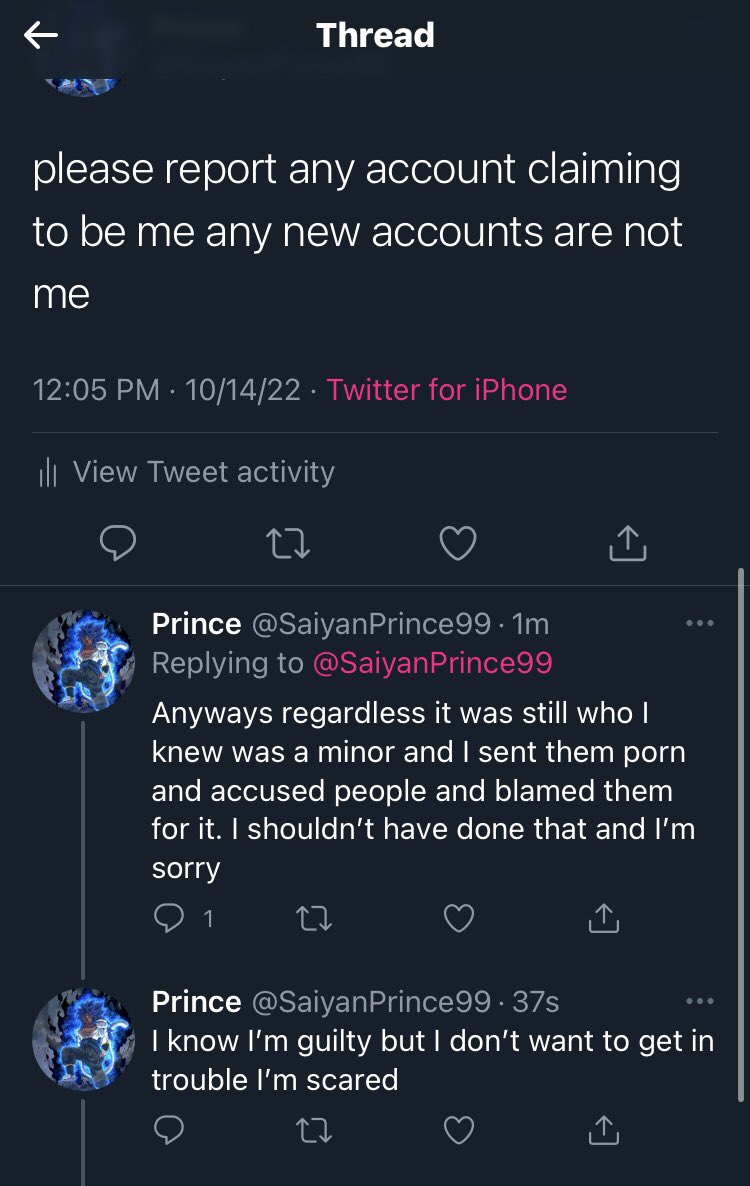 __SLNDR_'s tweet photo. We all know the recent drama that was going on with SaiyanGod99/SaiyanPrince99, where he was baited into sending pornography to a minor?

Good. Well, even though I’m late, it turns out he’s gone as far as to finally admit to the allegations and is beating himself up over it. https://t.co/5cjZPXrltS