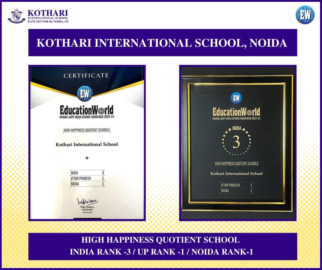 kothari_school's tweet photo. We are proud to share that KIS, Noida has been ranked Number 1 in Noida and Uttar Pradesh and Number 3 in India by Education World under the category of Happiness Quotient. 

Congratulations to all Kotharians. 

@EWPortal https://t.co/LYvaAdOvm5