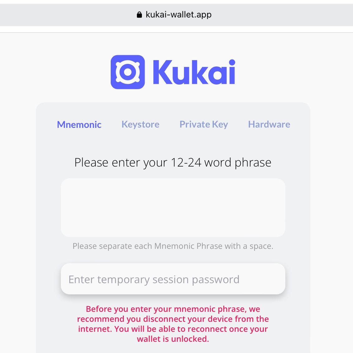 DonDant3's tweet photo. By incident yesterday, I found back my seed pharse. But when i already login @KukaiWallet , in previous page they use (-) at URL. And asked me in suspicious appearance page. https://t.co/43TtL9BNlA