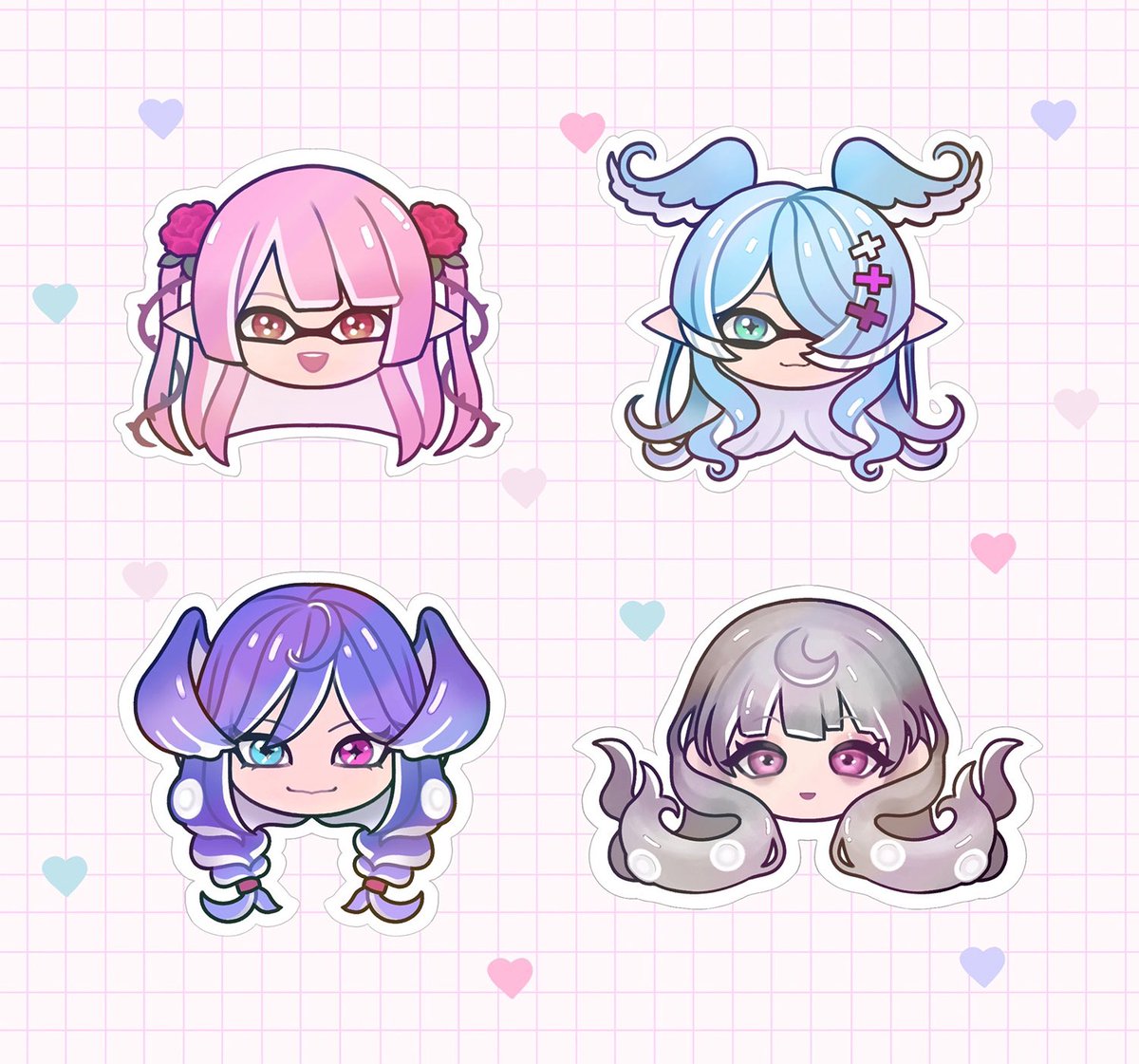 elira pendora ,selen tatsuki multiple girls 4girls pink hair one eye covered blue eyes hair over one eye head wings  illustration images