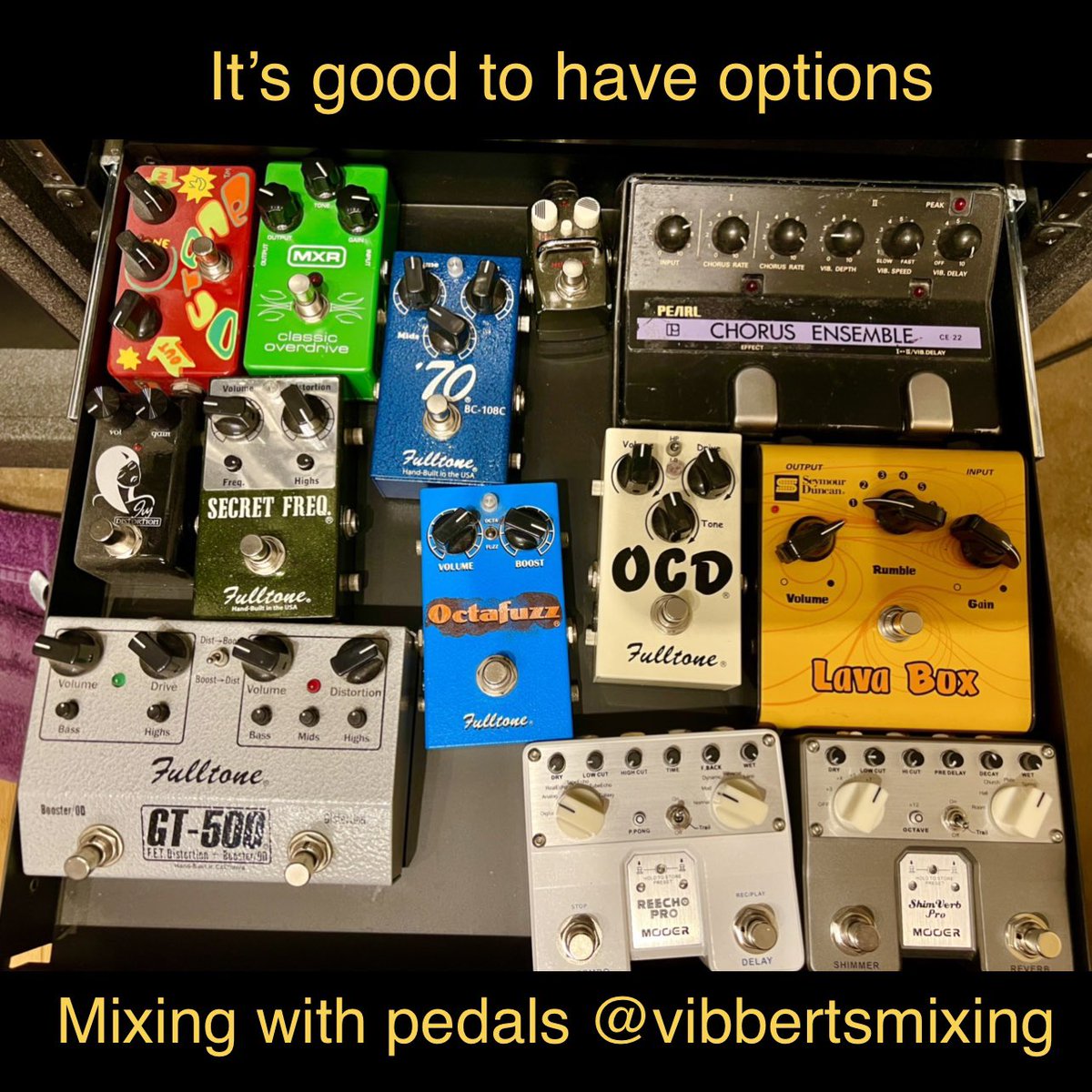 BrianVibberts's tweet photo. When mixing using guitar pedals as additional FX, it is good to have options. These are only a few of the options I use, and not just for guitars. Sometimes on bass, vocals, synths

@BrianVibberts 

#guitarpedals #mixing #mixingtools #engineer #grammymixer #musicmixer #effects https://t.co/m29KB1Su76