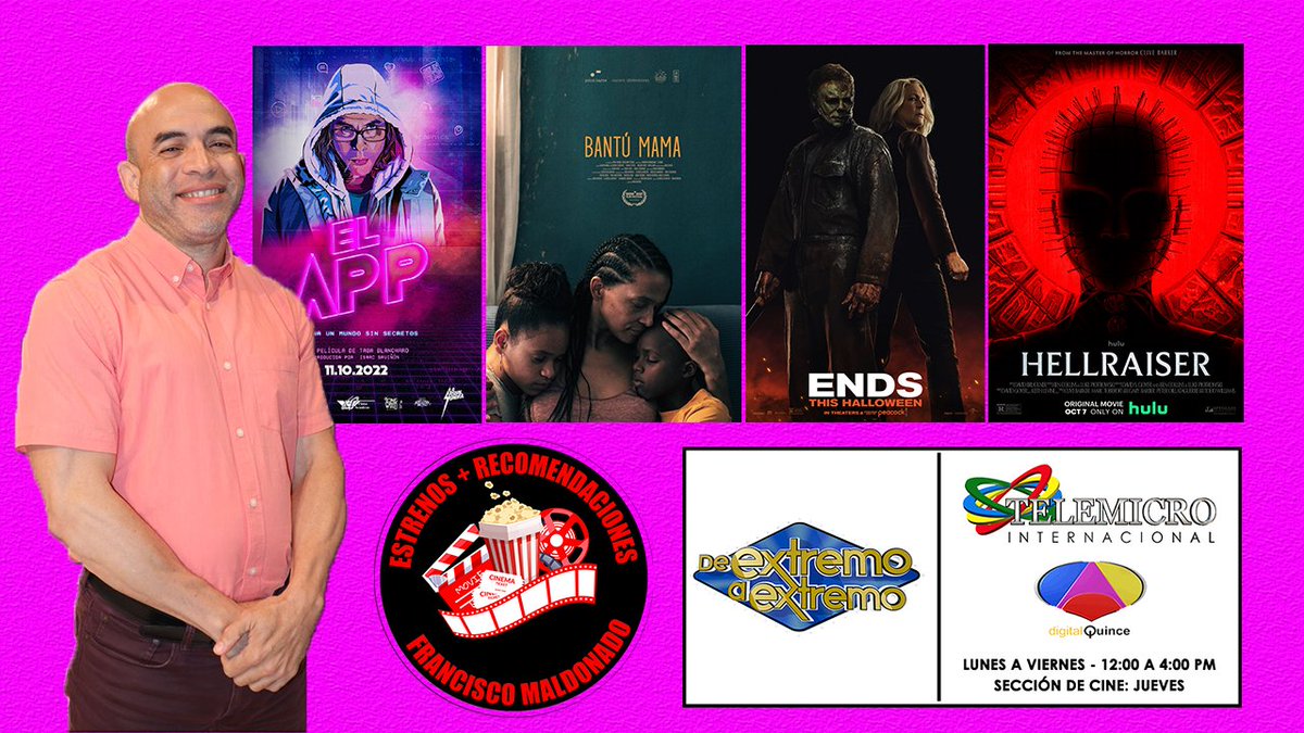Musica_Cine_TV's tweet photo. Se estrena en cines #LaAPP, #BantuMama y #HalloweenEnds. Recomendación de la película de #Hulu #Hellraiser. Segmento #AmbienteCinematográfico del programa #DeExtremoAExtremo, de #TelemicroInternacional y #Digital15. Mira el video en el link: https://t.co/3Oaf16V0Ms via @YouTube https://t.co/PEvGK0BFi9