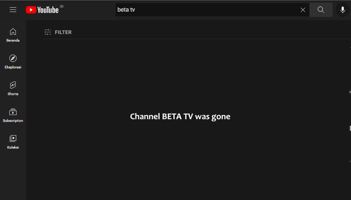 Dengan sangat menyesal kami memberitahukan bahwa channel BETA TV (youtube.com/channel/UCNrIa…) telah hilang dari Youtube. Akibatnya, channel beserta seluruh video tdk bisa diakses. 

Kami tlh mengajukan banding, semoga channel segera bisa dipulihkan. Mohon retweet.

CC <a href="/TeamYouTube/">TeamYouTube</a>