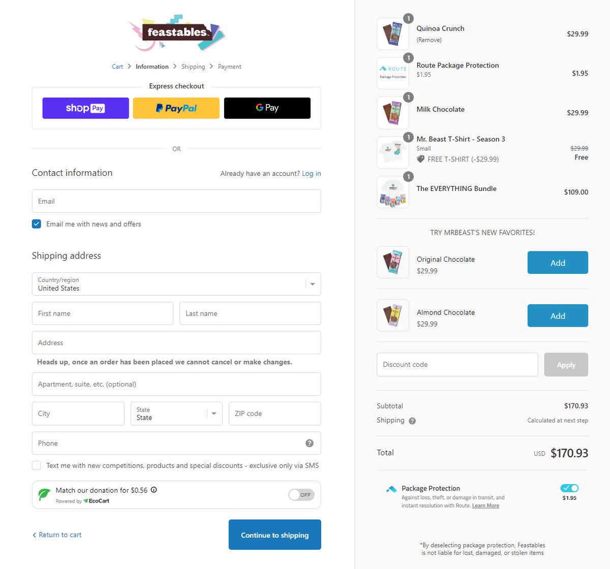 Shopify checkout extensions making an appearance on <a href="/MrBeast/">MrBeast</a>'s <a href="/Feastables/">Feastables</a>. Apps are <a href="/RebuyEngine/">Rebuy Engine</a> and <a href="/EcoCart_io/">EcoCart 🌎</a>. First time for me seeing it in the wild. Such an obvious win for Plus brands that can enable this now.