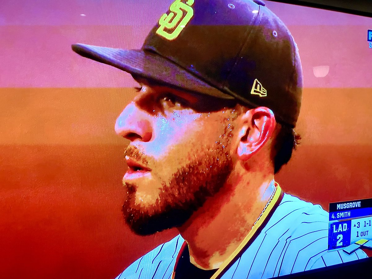 Erinoid3's tweet photo. @MLB No one’s ears should be this RED and shiny. Ears don’t sweat. Check his ears and his hair too because I do not want to find out we are playing cheaters again!#musgrove #padres #mlbplayoffs https://t.co/9e1YH6JARD