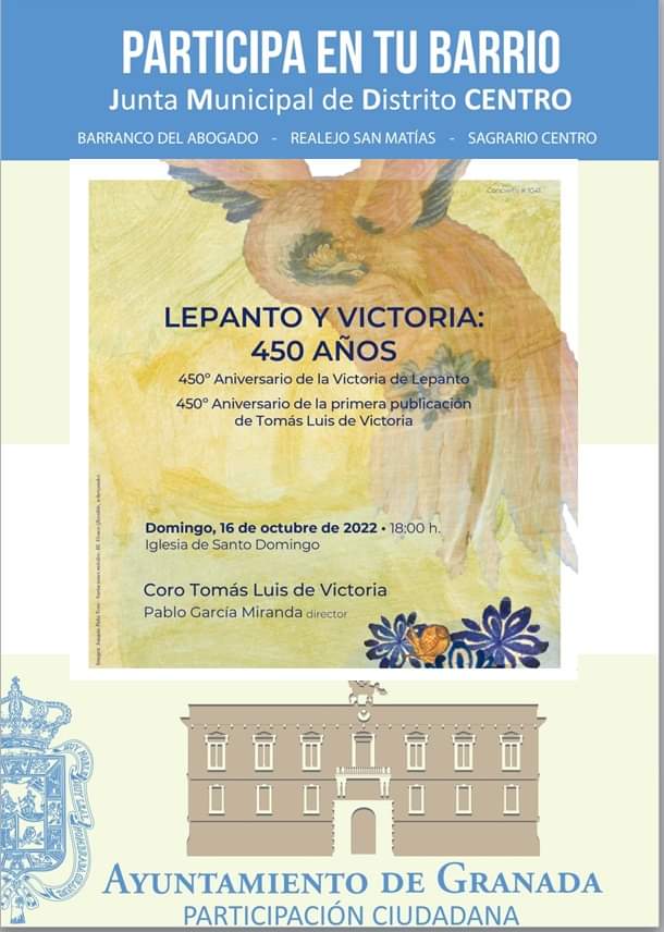 450Granada's tweet photo. LEPANTO Y VICTORIA: 450 AÑOS
▫️450° Aniversario de la Victoria de Lepanto
▫️450° Aniversario de la primera publicación de Tomás Luis de Victoria

👉🏻 Os esperamos hoy domingo 16 de octubre de 2022 a las 18h en la Iglesia de Santo Domingo.
 #lahoradegranada
 #Granada #realejo #grx https://t.co/BTq8eRDySS