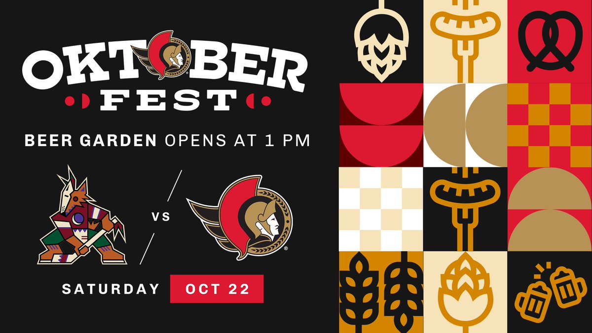 Prost auf Bier und Würstchen!

Don't forget, tomorrow the #Sens celebrate Oktober Fest with pretzels, sausages and $5 beers available pre-game in the Beer Garden starting at 1 p.m!

Tickets 🎟 : ottsens.com/3gc8h4P