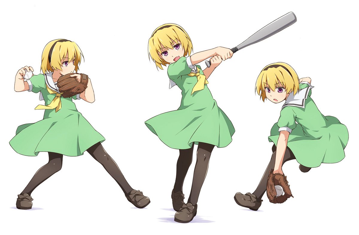 houjou satoko 1girl blonde hair baseball pantyhose dress baseball mitt hairband  illustration images