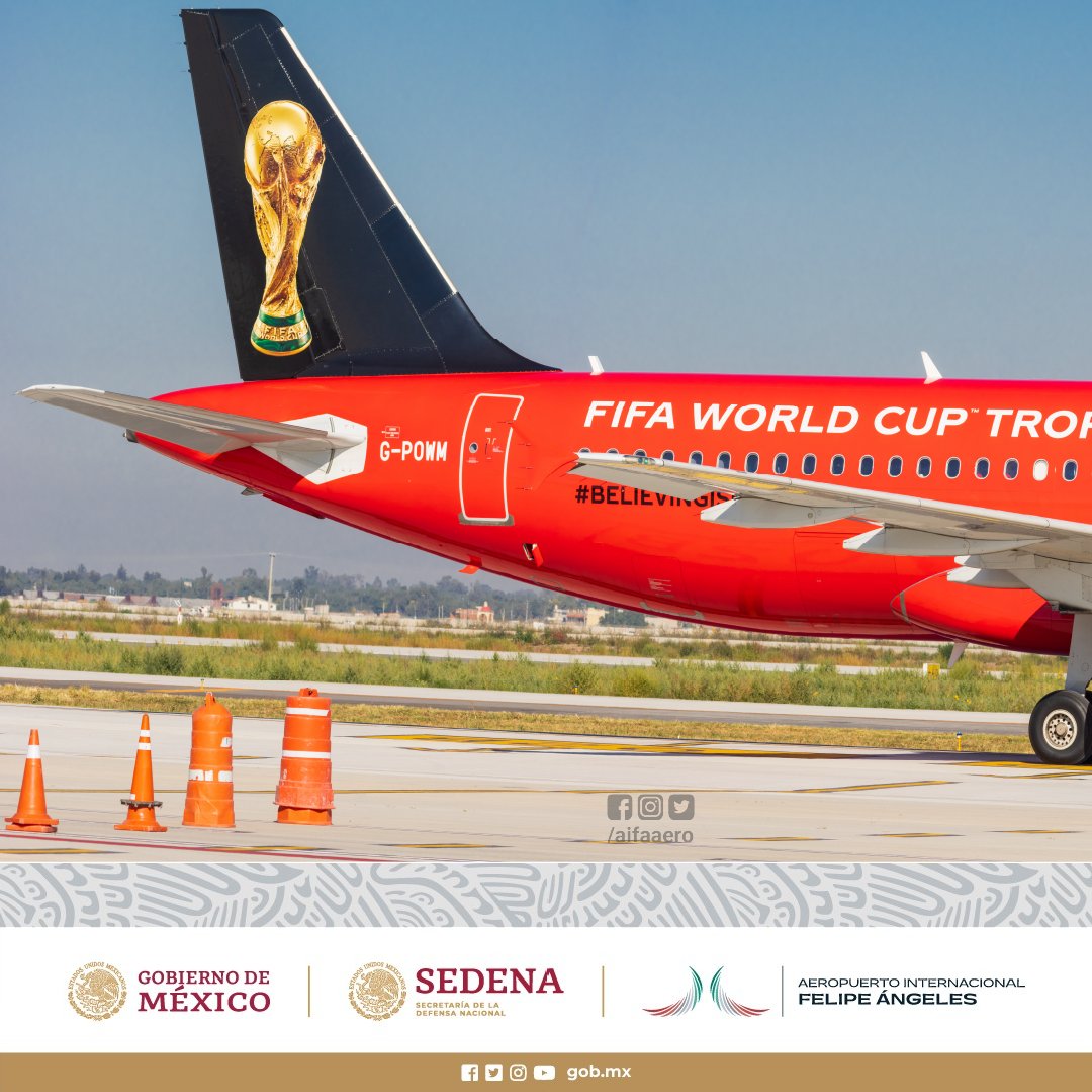 aifaaero's tweet photo. El AIFA, agradece el honor de haber sido sede de la FIFA WORLD CUP TROPHY TOUR en su paso por México 2022. 
#AeropuertoInternacionaFelipeÁngeles #VuelaAifa #Futbol #AIFA #SEDENA #NLU #FIFA #WORLDCUPTROPHY #CocaCola #Qatar2022 #WorldCup https://t.co/gbd0l3aNwj