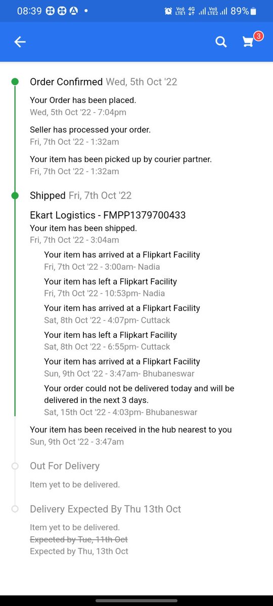 Anshuman389's tweet photo. I ordered this from 5th Oct (prepaid)expected date was 11th but the app is showing it is in the nearest hub from 9th, and still not delivering me. And Flipkart is not responsible if my product shows any problem as thy say. #FlipkartIsScamkart #Flipkart #flipkartsupport #customer https://t.co/oB5tt5Zjfk