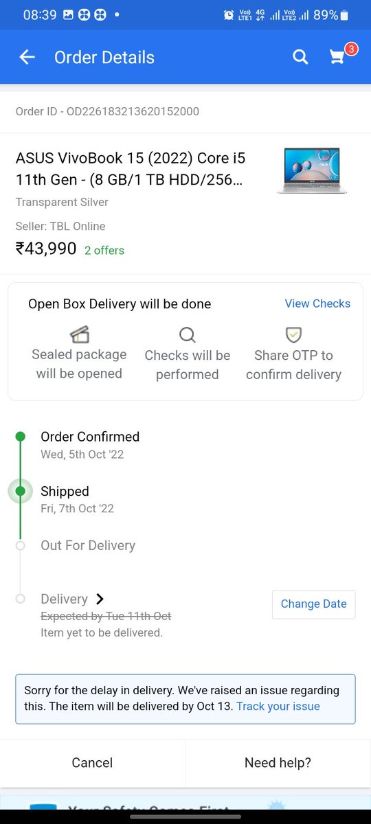 Anshuman389's tweet photo. I ordered this from 5th Oct (prepaid)expected date was 11th but the app is showing it is in the nearest hub from 9th, and still not delivering me. And Flipkart is not responsible if my product shows any problem as thy say. #FlipkartIsScamkart #Flipkart #flipkartsupport #customer https://t.co/oB5tt5Zjfk