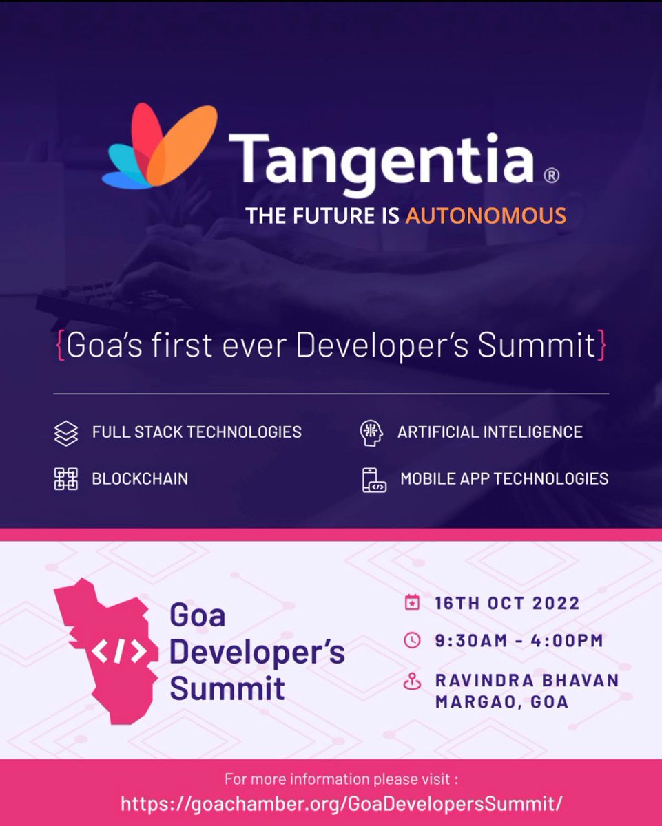 TangentiaInc's tweet photo. It’s Today! Meet the Tangentia Team at Goa’s first-ever Developer’s Summit. Join us at our booth to discuss Autonomous Enterprise & how we can help you in this transformation journey!
Stay tuned for event glimpses.
#tangentia #aimforimpact #thefutureisautonomous #goa #techsummit https://t.co/oEQwHhxCBx