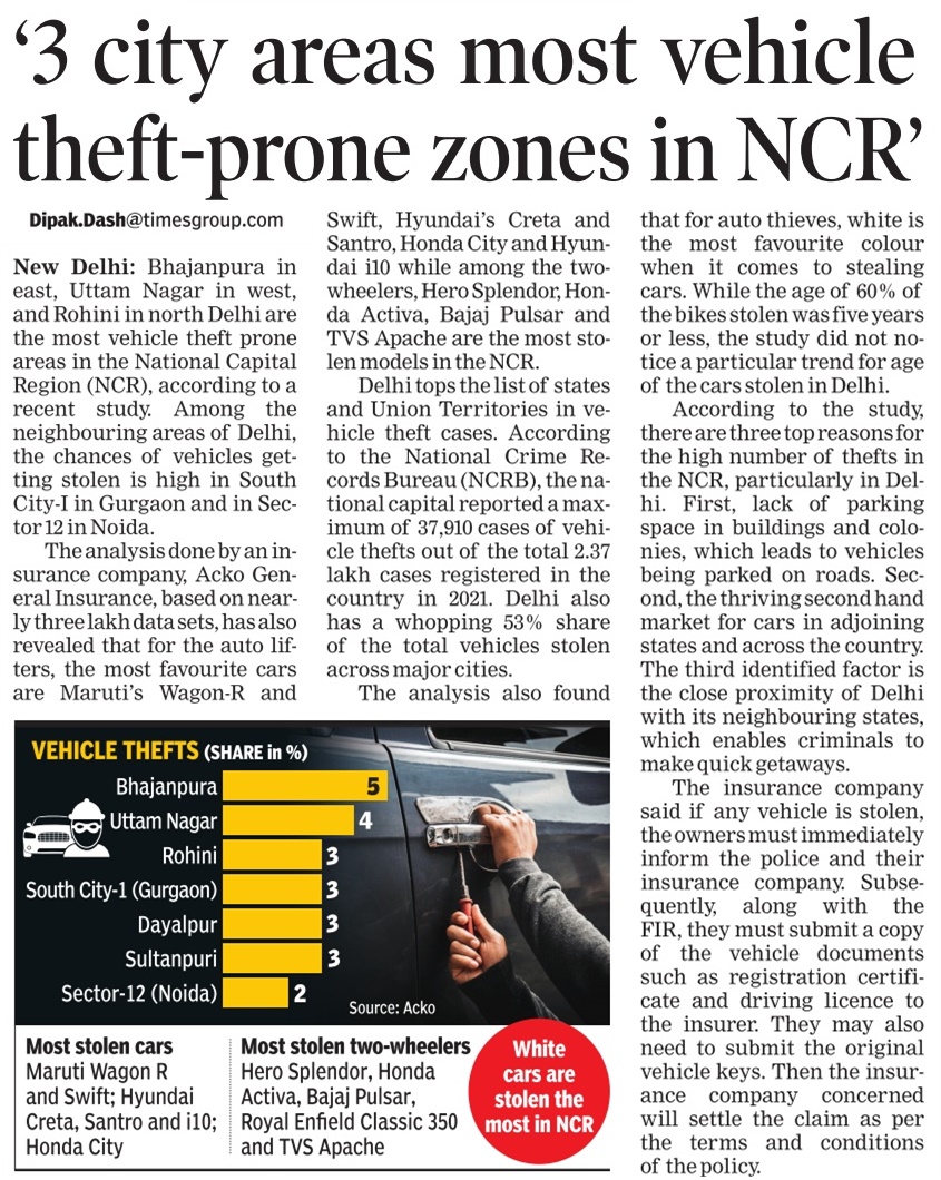 dipakdashTOI's tweet photo. Areas and vehicles that are more prone to thefts in Delhi-NCR...an interesting analysis by a general insurance firm. My report in @timesofindia https://t.co/KlPTR3XfSf