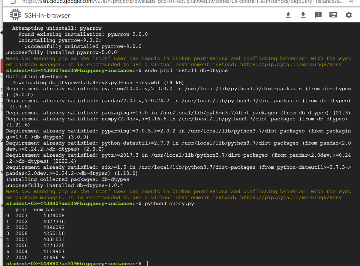 GuruOfCloud's tweet photo. Day 52/100
Created service accounts &amp; a virtual machine and associate it with a service account.
Used Client Libraries to access BigQuery from a service account. and ran a query on a BigQuery public dataset from a Compute Engine instance
 #growwithgoogle #GADS2022 #100DaysOfGADS https://t.co/Oof0JzVIp6