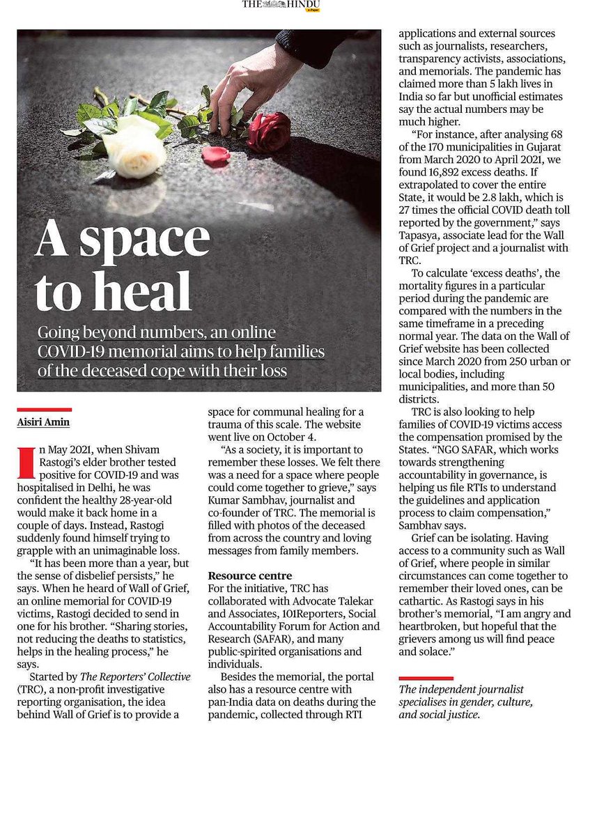 Read about Wall of Grief in @the_hindu. The Wall is an initiative by TRC, Advocate Talekar & Associates, @101reporters, SAFAR and others to memorialise the lives lost during Covid pandemic and put up pan-India death data. Please spread the word so people can come together & heal.