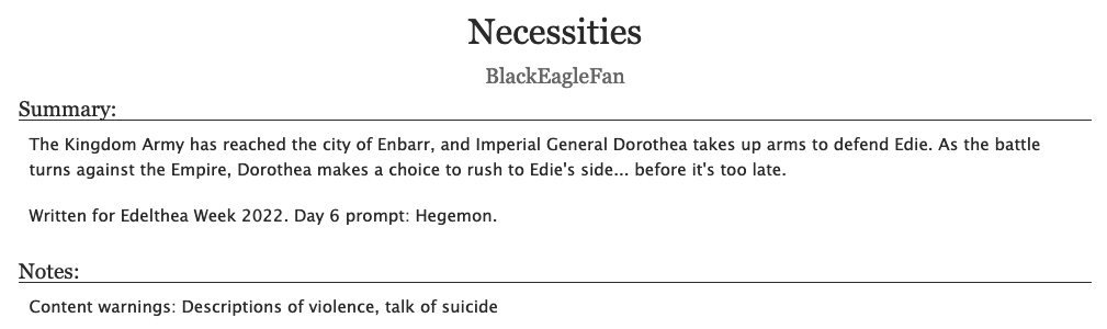 DarkHolyElf's tweet photo. "Necessities"
https://t.co/CgAaJdm0NQ
Dorothea/Hegemon Edelgard, angsty Azure Moon content for my favourite duo. Mind the warnings! Written for #EdeltheaWeek2022 . https://t.co/SQvebuWtIT