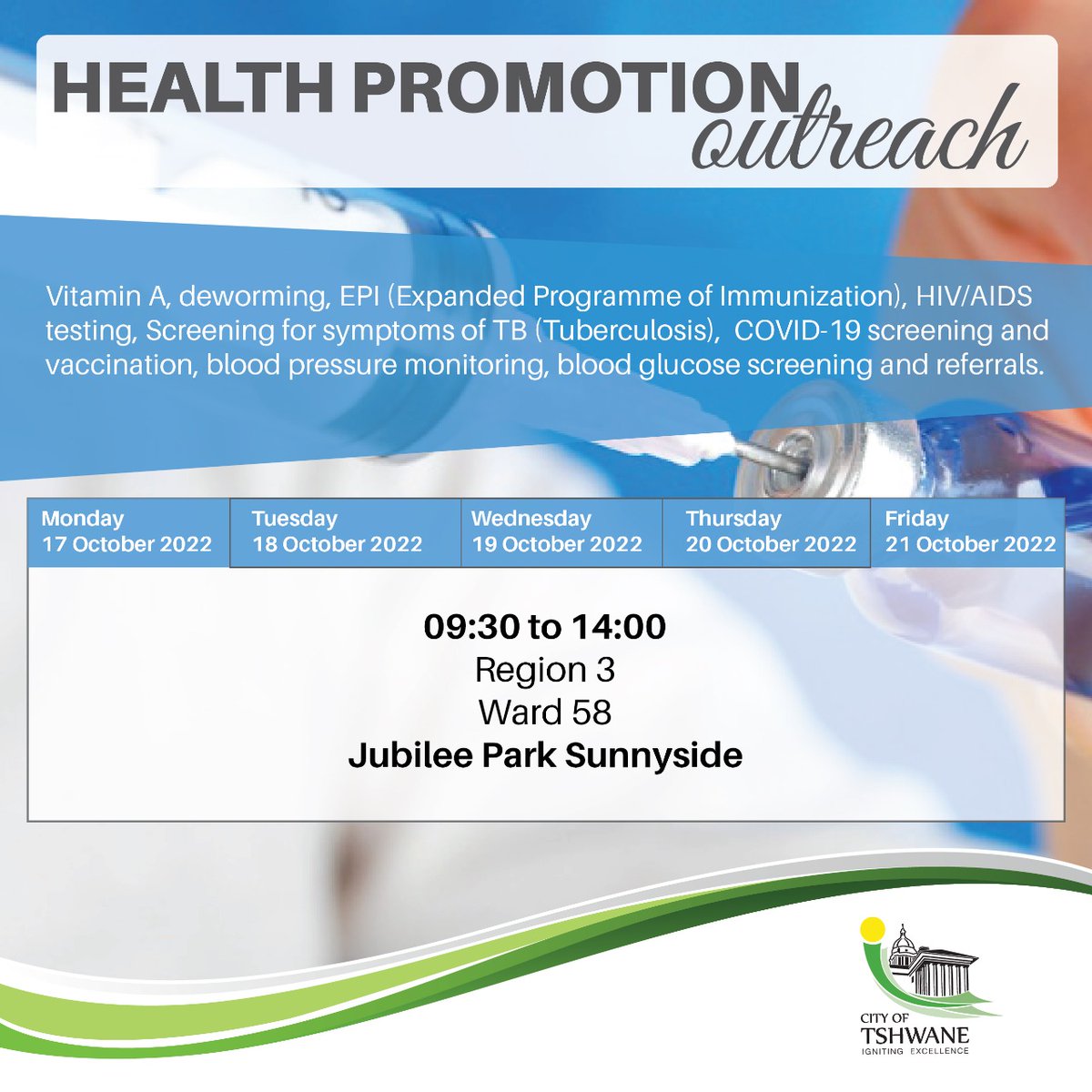 CityTshwane's tweet photo. Tshwane residents are encouraged to visit Jubilee Park, Sunnyside for Health Promotion Outreach. https://t.co/wF12QKHYpq