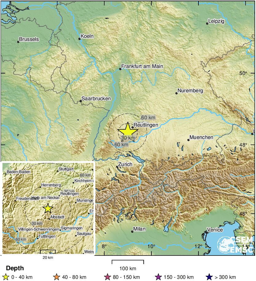 LastQuake's tweet photo. 🔔#Earthquake (#Erdbeben) M3.8 occurred 25 km SW of #Reutlingen (#Germany) 3 min ago (local time 06:13:19). More info at:
📱https://t.co/LBaVNdVFgz
🌐https://t.co/KOBFeoHJ7b
🖥https://t.co/TYvJmPiRQg https://t.co/PyTZMeyOKW