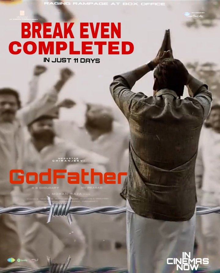 #GodFather 'BREAK EVEN' Completed In Just 11 Days💥. Entered into Profits 💥👍.

Congratulations To The whole Team of #GodFather💐💐🎉.

#BlockBusterGodFather