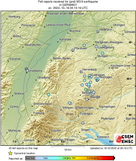 LastQuake's tweet photo. #Earthquake 23 km SW of #Reutlingen (#Germany) 6 min ago (local time 06:13:19). Colored dots represent local shaking &amp; damage reported by eyewitnesses. Share your experience:
📱https://t.co/LBaVNdVFgz
🌐https://t.co/KOBFeoHJ7b https://t.co/9EIJW6N7Gj