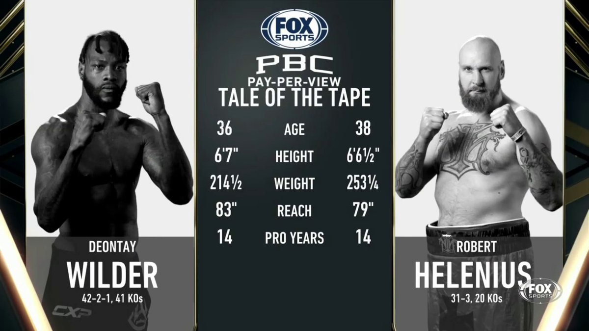 The stage is set, #WilderHelenius is NEXT! Here is the Tale of the Tape!

Order now on the Fox Sports app or at foxsports.com/ppv