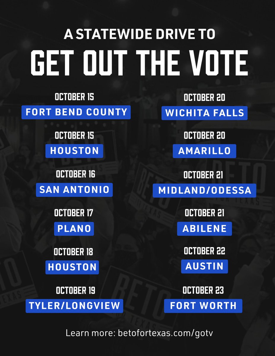 📢 Join @BetoORourke at a Get Out the Vote Rally! Sunday, October 16 is in San Antonio RSVP👇🏽 betoorourke.com/gotv/ Early Voting: October 24 - November 4 🗳️Expand Healthcare 🗳️Keep Kids Safe in Classrooms 🗳️Restore Reproductive Freedom #FreshResists #ONEV1 Z21 #wtpBLUE