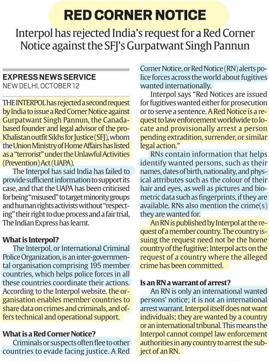 imRavikantYadav's tweet photo. 'RED CORNER NOTICE'

Details- Abt #interpol ,it's working, #RedCornerNotice recent rejection of India's request agnst #SFJ Gurpatwant Singh &amp;
More info..

#InterpolHQ #UAPA #Terrorists 

#UPSC #currentaffairs https://t.co/n6IMD77fsm