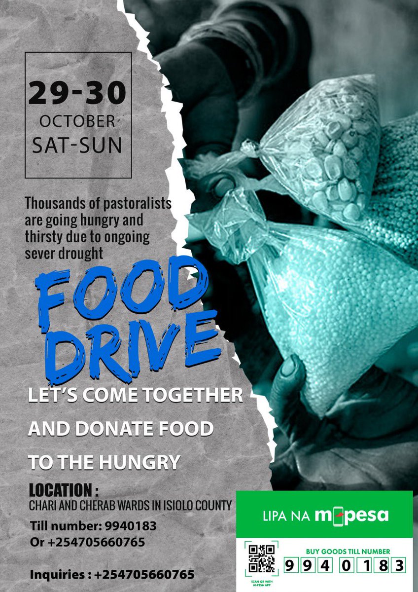 Good morning!!
It’s a beautiful Sunday to make your contributions towards the food drive 
<a href="/HonTubi/">Hon Mohamed Tubi</a> <a href="/Mrobkoto/">Mohamed Roba(MRQ), OGW, CSMP(R), M.ISMI</a> <a href="/GovGuyo/">H.E Abdi Ibrahim Guyo, EGH</a> <a href="/AKabelo/">Kabelo</a> <a href="/Happy_kulayo/">THE DUKE OF ISIOLO (KHK)</a> <a href="/kizito_wisdom/">Wisdom Kizito</a> <a href="/Moses_Thiaine/">Moses_Thuranira</a> <a href="/IAmWarima/">Warima Muggi</a> @AyubJarso <a href="/Ahmeybillexjun1/">Ahmey@TopG</a> <a href="/nurabilal/">Bilal</a> <a href="/ShinazJaldesa/">Shinaz Jaldesa</a> <a href="/ramah_duba/">Nyencho</a> @_Chu3108 <a href="/ChaltuAhmed2/">Chaltu Ahmed</a>