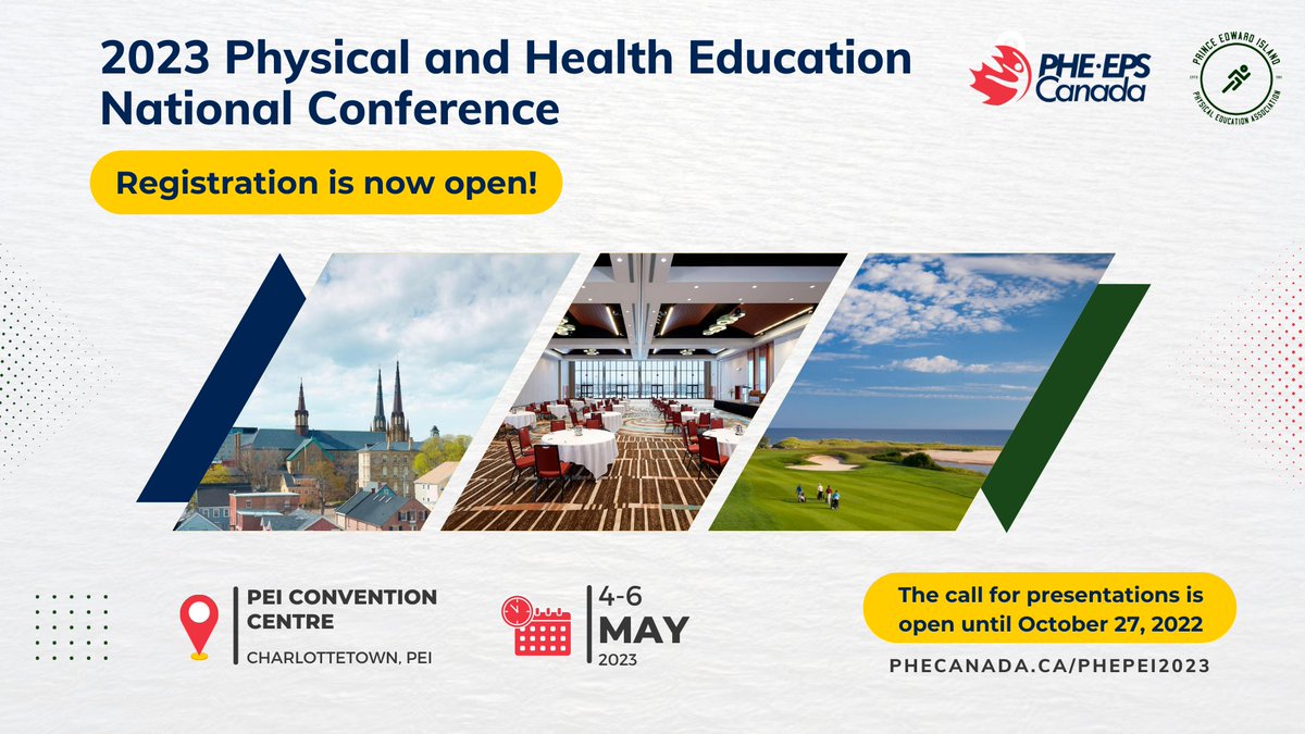 PHE Canada | EPS Canada (@phecanada) on Twitter photo The call for presentations for #PHEPEI2023 closes in 11 days! Share your knowledge and best practices with us in May 2023 in beautiful Charlottetown. <a href="/physedpei/">PEI Phys Ed Association</a>
Don't delay! Submit a proposal here | phecanada.ca/connecting/eve… The call for presentations for #PHEPEI2023 closes in 11 days! Share your knowledge and best practices with us in May 2023 in beautiful Charlottetown. <a href="/physedpei/">PEI Phys Ed Association</a>
Don't delay! Submit a proposal here | phecanada.ca/connecting/eve…
