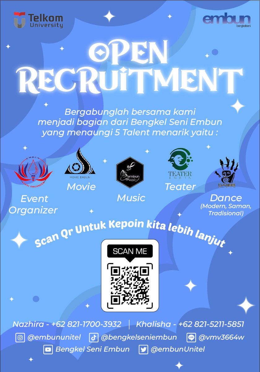 [OPEN RECRUITMENT BENGKEL SENI EMBUN 💫 ]

Halo semua!
apakah kalian siap untuk menjadi bagian dari Keluarga Bengkel Seni Embun? 
Registration Link : bit.ly/OPRECEMBUN2022

For more information, Check Out Our :
instagram : instagram.com/embununitel
Line : @vmv3664w
#StudentFair22