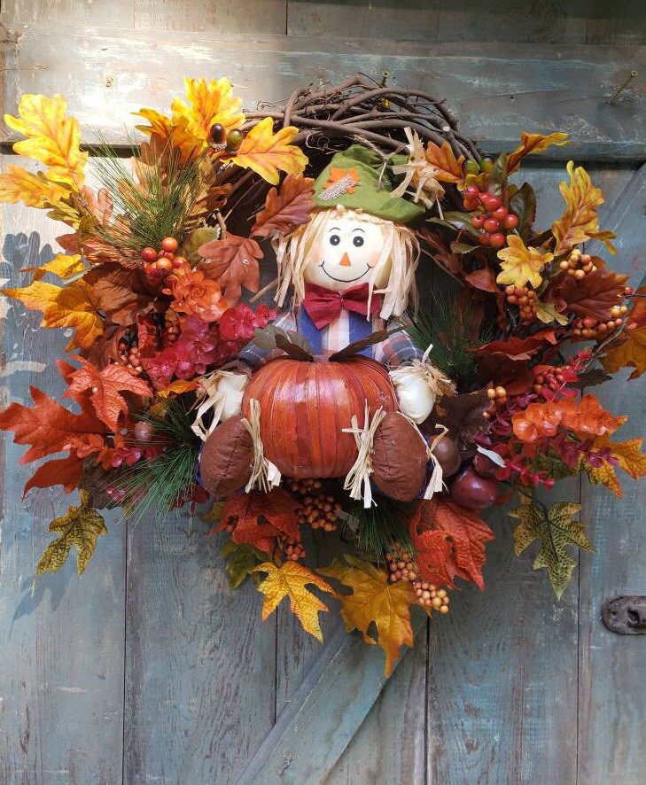In my #etsy shop: Autumn Wreath for front door, Fall Scarecrow wreath, Pumpkin door decor, farmhouse wreath, Thanksgiving Wreath, Farmhouse fall decor etsy.me/3MBe1Rx #orange #thanksgiving #brown #countryfarmhouse #fall #thanksgivingwreath #farmhousewreath