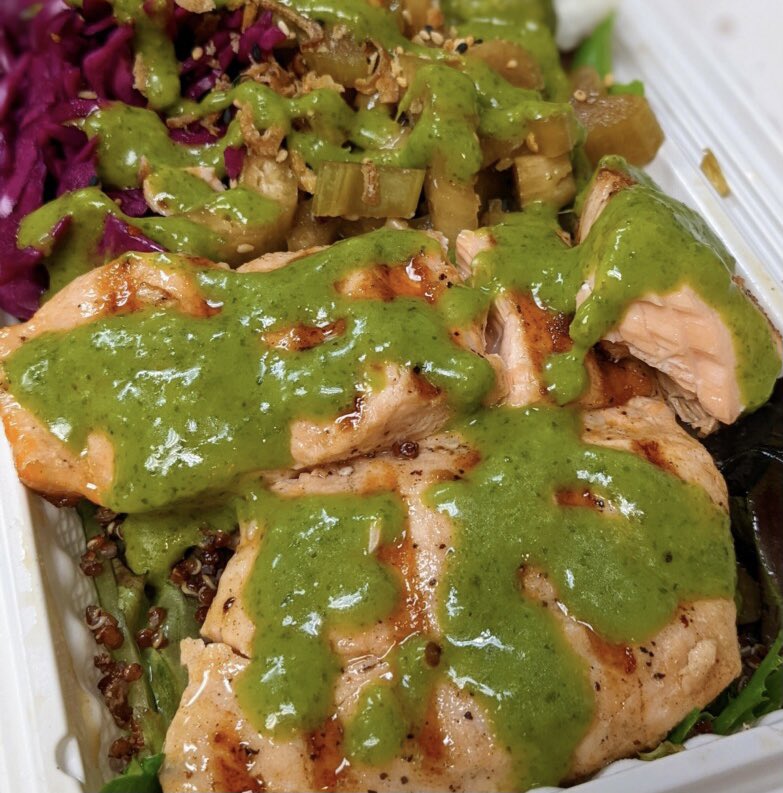 💥 Announcing: the Fish Bowl!💥

Pan-seared seafood (Atlantic Salmon, Fish of the Day, or Shrimp) on a bed of Mixed Greens and Quinoa, with a selection of house-made Pickled Veggies dresses in either a Cilantro Lime Sauce or Soy-Ginger-Sesame.

Super tasty and super healthy!