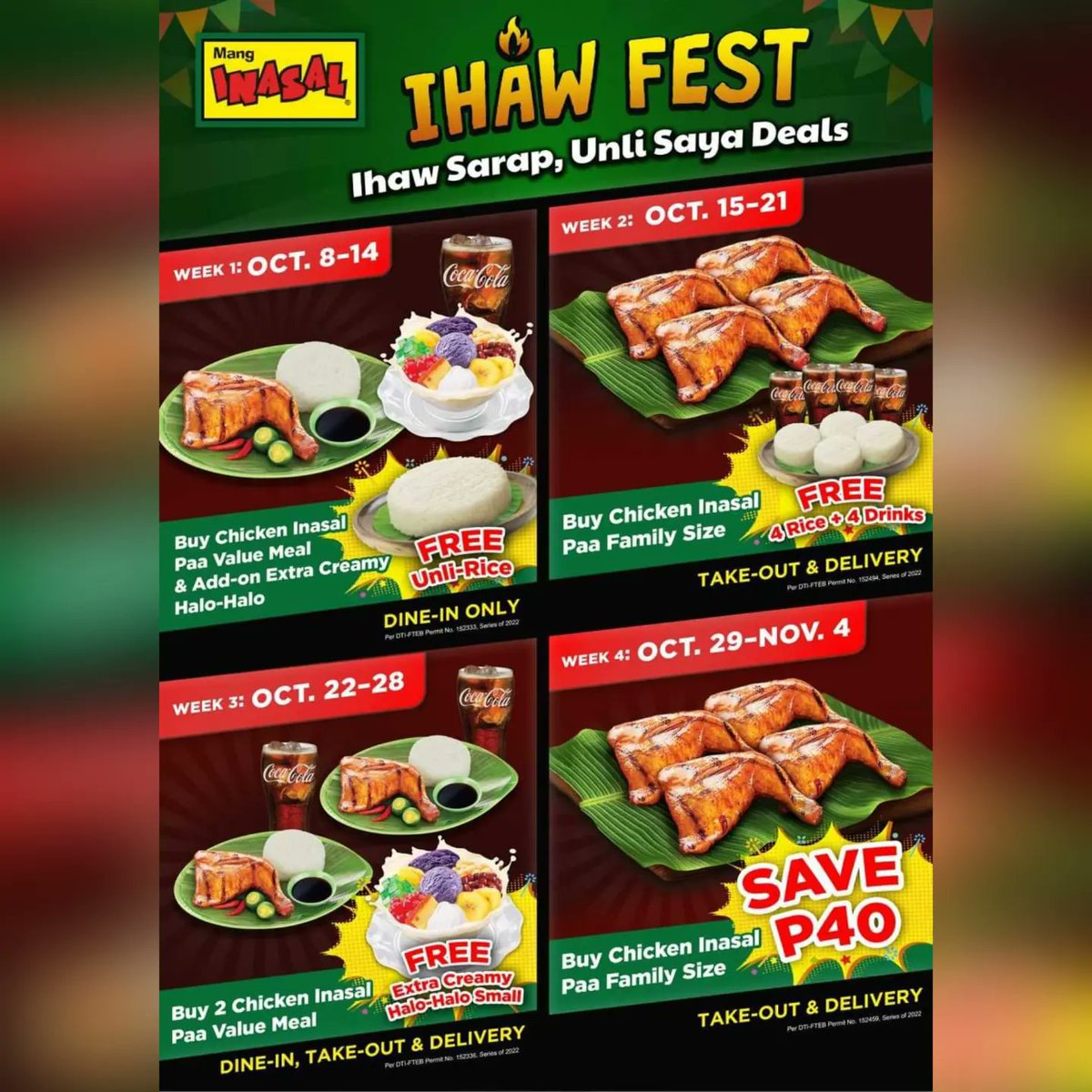 dearmomsph's tweet photo. Dear Moms, 2nd week na ng #IhawFestAtMangInasal 💚💛

Order Mang Inasal Chicken Paa Family Size, you can get FREE 4 Rice and 4 Drinks for delivery or takeout. Promo is until October 15 to October 21 only. ORDER NOW!

@iammanginasal
#ILoveMangInasal #dearmomsph https://t.co/MthF7SD26F