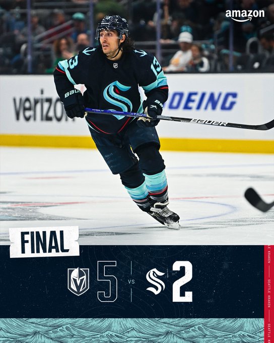 Final score graphic with image of tanev skating Score was 5-2 Vegas