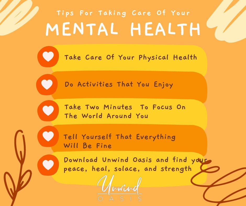 unwindoasis_us's tweet photo. Tips For Taking Care of your Mental Health

#mentalhealth #mentalhealthawareness https://t.co/r9PThqEy5V