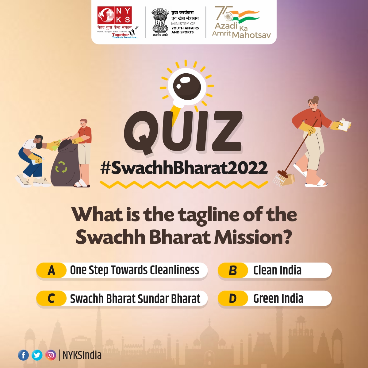MYBharatHQ's tweet photo. #SwachhBharat2022 
Quiz of the Day.
Get a Chance to Win a Book Prize.

#Cleanindia2 #QuizContest #youth https://t.co/mMDBf4WJrS