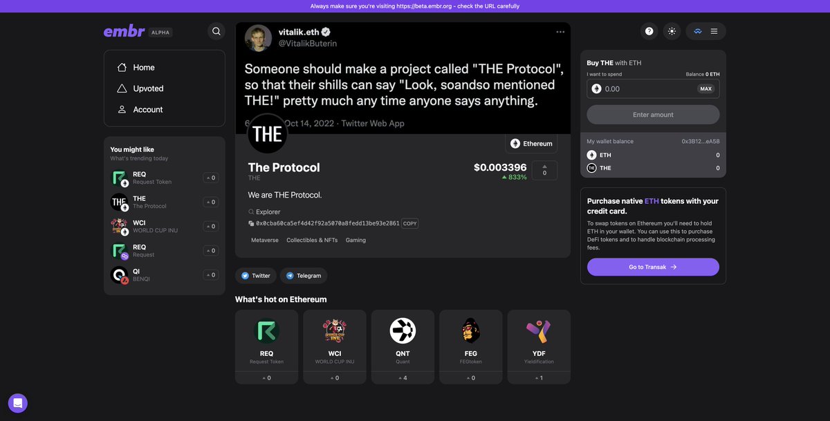 Mr_E_Studio's tweet photo. @TheProtocolOff1 THE new #EmbrDotOrg by @joinembr is ready to host an amazing community page for $THE
Purchase now on page with #Crypto or Fiat!
Upvote for more exposure
Alpha dropped yesterday, very fresh site!
All powered by $Embr
All Tokens on 20+ chains
https://t.co/B7eZPGdNhW https://t.co/GfK9tag1IN