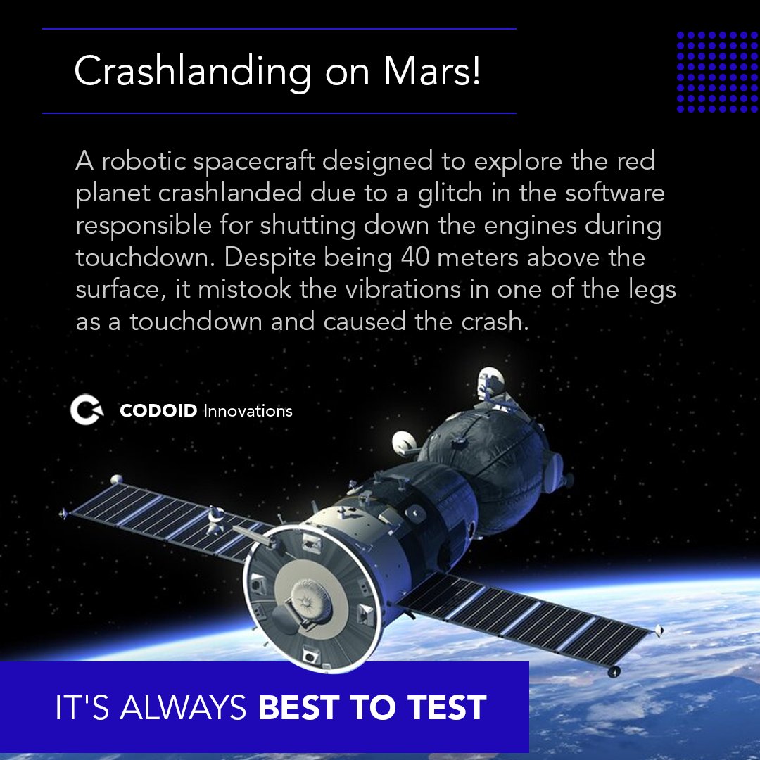 codoid's tweet image. Crashlanding on Mars! 

A robotic spacecraft designed to explore the red planet crashlanded due to a glitch responsible for shutting down the engines during touchdown.

It&apos;s Always Best To Test 

#codoid #alwaysbesttotest #besttotest #softwareglitch #spacecraft #mars #redplanet