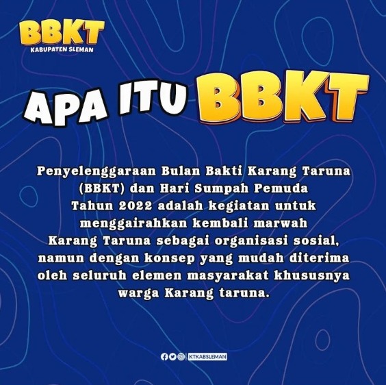 Haay haay hallo, admin bawa infoo nii, dalam rangka HUT Karang Taruna yg ke 62 tahun. KT Kab Sleman akan melaksanakan Bulan Bakti Karang Taruna. Admiin mau kasih tau dulu apa sih Bulan Bakti Karang Taruna Ituuu, di simak ya info grafis di bawah 😉
#BBKTKabSleman