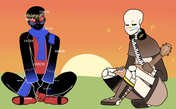 ObviouslyJaiden's tweet photo. This took so long aahh- Anyway, that's Music!Ink with Music!Error from my AU Musictale :> I hope you like it!! (I spent way too long on this) #musictale #music #musicink #musicerror #error #sans #errorsans #inksans #sunset #undertaleau #undertale #underverse https://t.co/U4pSQMvdIY