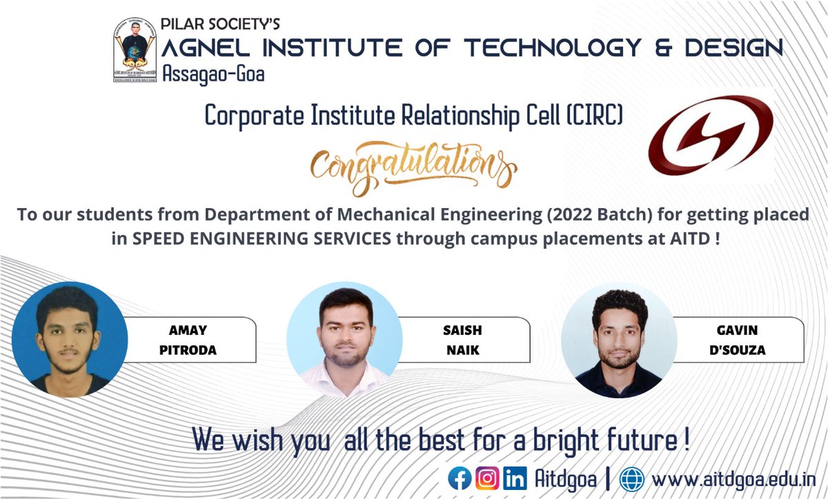 AitdGoa's tweet photo. #Three of our #Mechanical #engineering students bags Campus Placements at Speed Engineering Services! Congratulations!!
.
.
.
#campusplacement #goa #aitdgoa #engineering #mechanical https://t.co/S7qI6ZzYGz