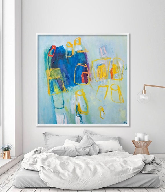 teal blue mustard yellow abstract painting colorful etsy.me/3i9vbqA #wallartprints #bedroomabstractart #graffitiartcanvas @etsymktgtool