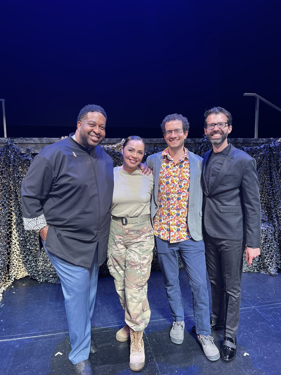 Phil_Woodmore's tweet photo. Had a minute to grab a photo with this powerhouse team. Composer-Zach Redler, Maestro-Michael Sakir, Lead soloist/Soldier-Tess Altiveros. So excited to be in the presence of such talented artists, another great day at @azopera . #azopera #TheFallingAndTheRising https://t.co/zMgP3Q8e3K