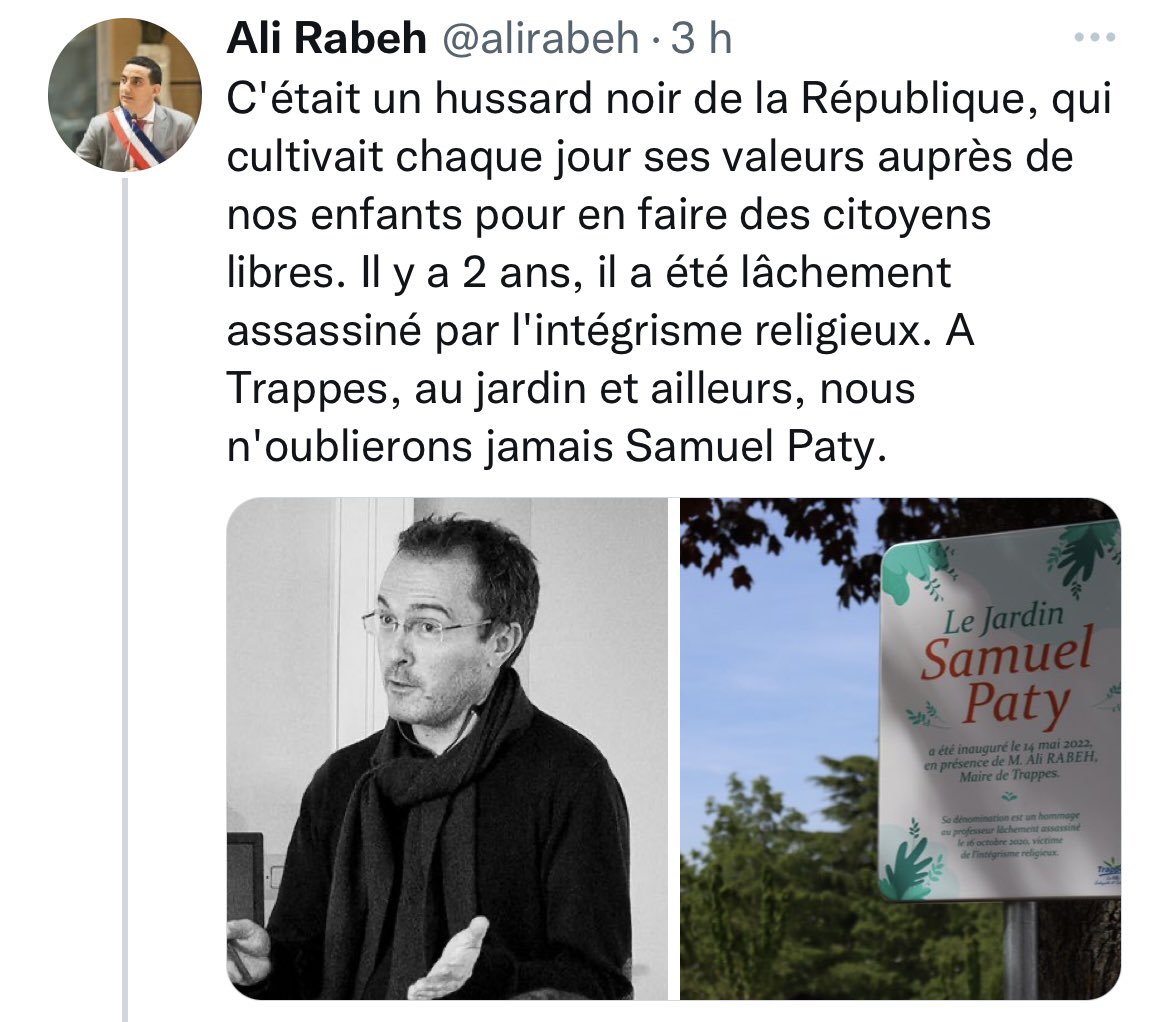 VAL14_VAL14's tweet photo. J’ai une pensée émue pour la famille de #Samuel_PATY qui découvre les #nupes and co, donc ceux qui soutiennent l’islamisme en France, lui faire un hommage en mettant en avant sa bataille pour la laïcité.
Perso, j’ai envie de vomir en lisant tous ces tweets.
#profilbas https://t.co/nSzMtBf4Ld