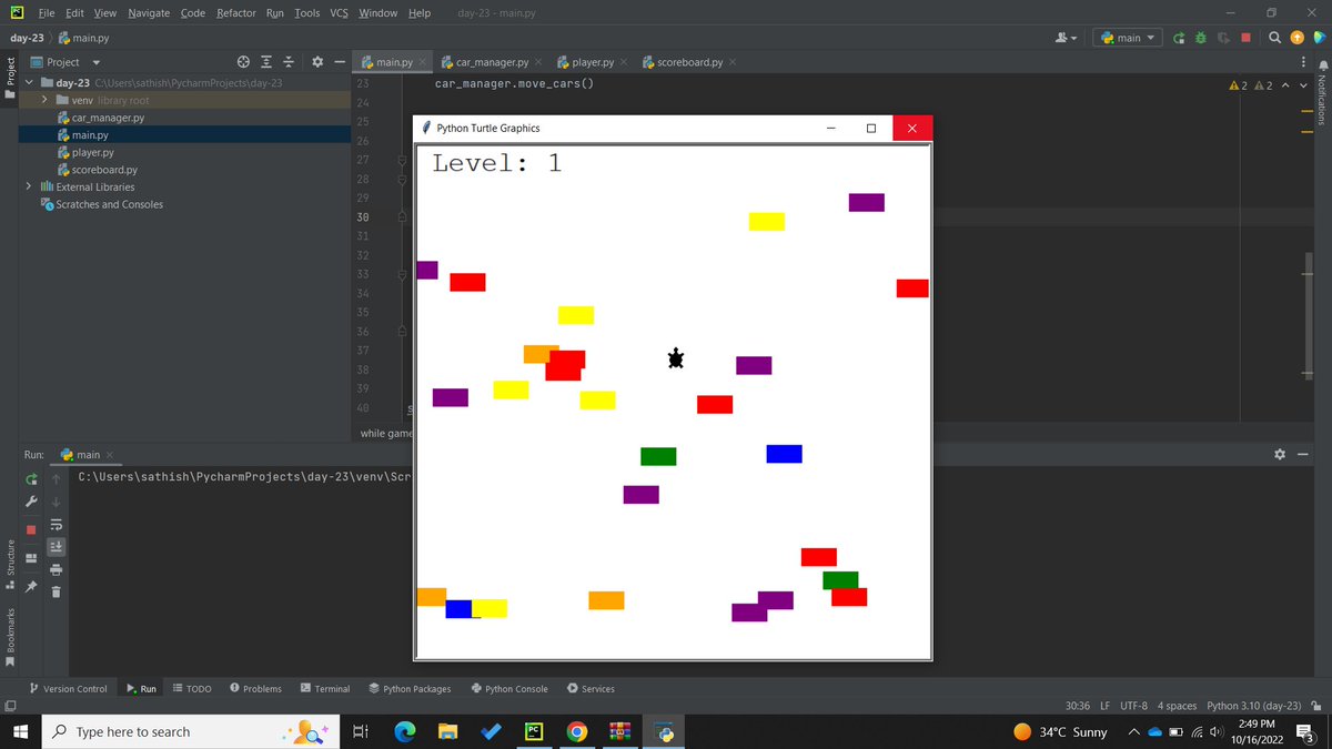 sschelliah's tweet photo. #100daysofpython 
Day 22 - Turtle crossing Game https://t.co/dcAOwLyWO6