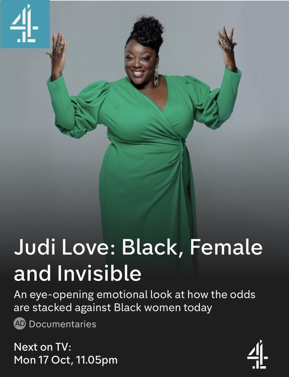 1Judilove's tweet photo. My first documentary! Tomorrow 11.05pm Black, Female and Invisible!! @Channel4 @C4Press #JudiLove #Channel4 https://t.co/uwMBorJckz