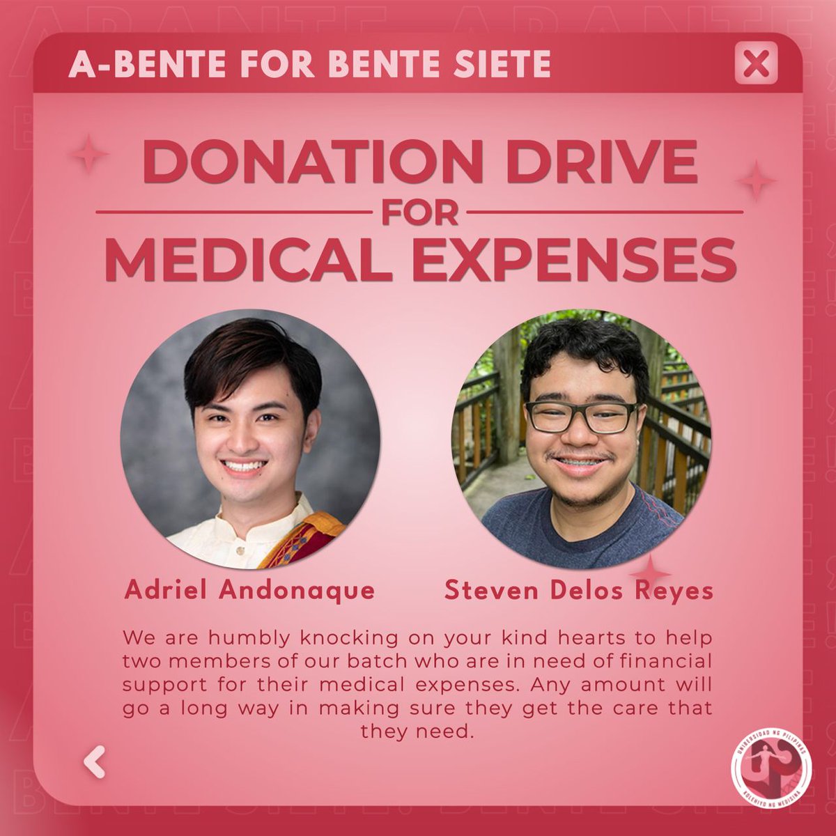upcm2027's tweet photo. 📣 CALL FOR DONATIONS: A-BENTE FOR BENTE SIETE 📣

The UPCM Class of 2027 is humbly knocking on your kind hearts to help two members of our batch who are in need of financial support for their medical expenses. 

(1/4) https://t.co/5KVosXjHoj