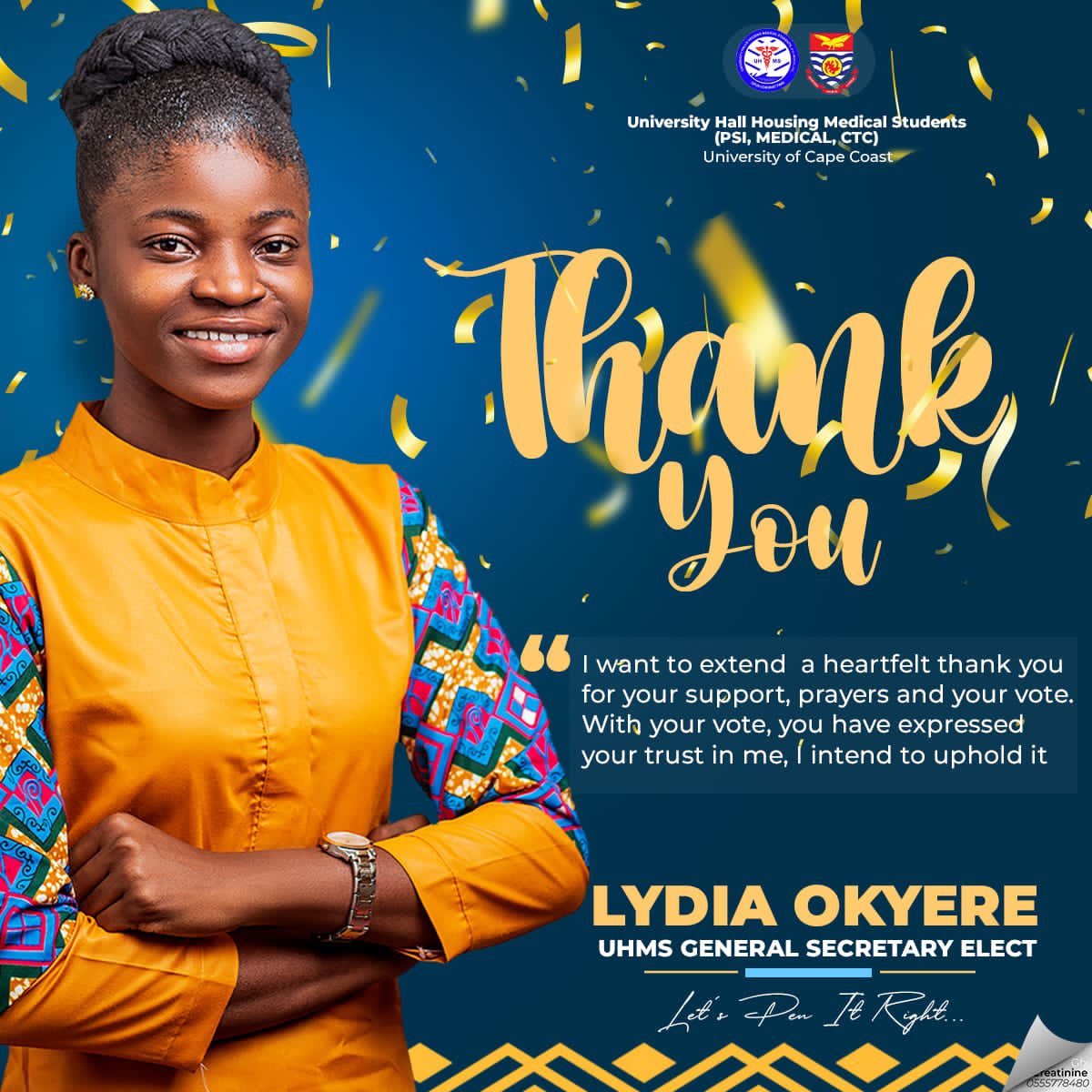 uhmsjcrc_ucc's tweet photo. Honourable Lydia Okyere is our JCRC General Secretary elect.
#UCCDecides
#OputCoronatFinis https://t.co/dgqpzaPrRq