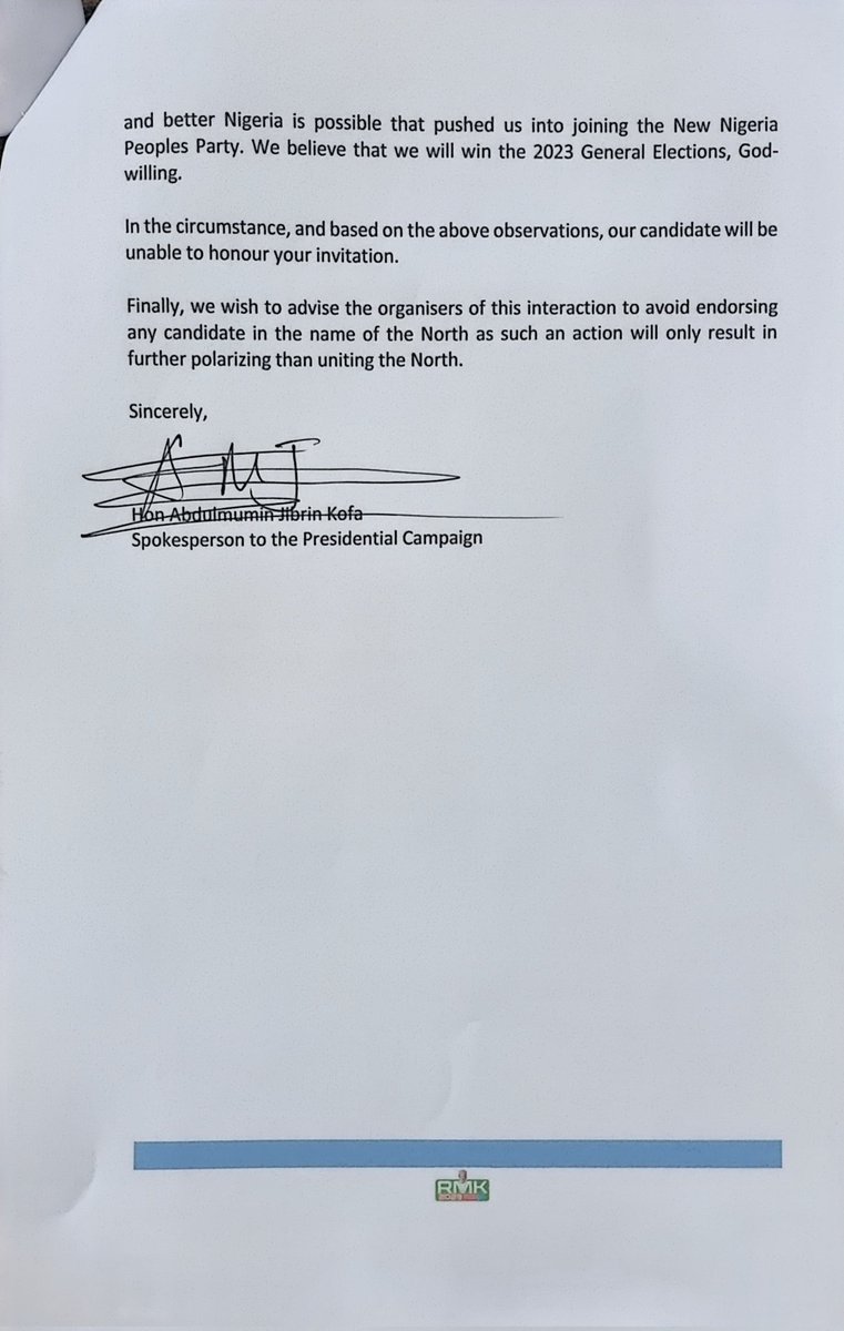 AbdulAbmJ's tweet photo. The presidential candidate of NNPP HE Senator Rabiu Musa Kwankwaso PhD, FNSE will not be attending the "Interactive session with presidential candidates" by Arewa Joint Committee scheduled for 17th October,2022. Attached letter to the committee from the  RMK Presidential Campaign https://t.co/0zhzZgx4Hk